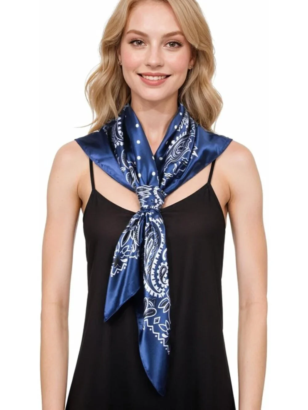 Women's Navy White Printed Square Scarf Bandanas Hair Scarf 35 Inches